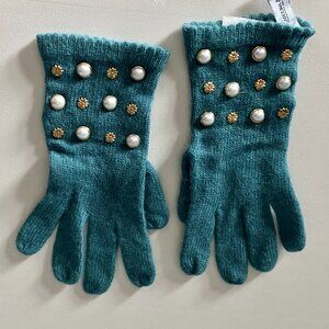 New Carolina Amato Accent Pop Wool Angora Embellished Pearl Gold Beads Gloves OS